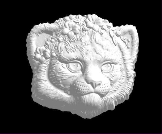 Tiger cub face mold with a wreath of small blossoms across the brow and around the ears.