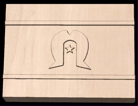 Rectangular flag plaque mold with ruled bands top and bottom, a dhari headdress and a star.