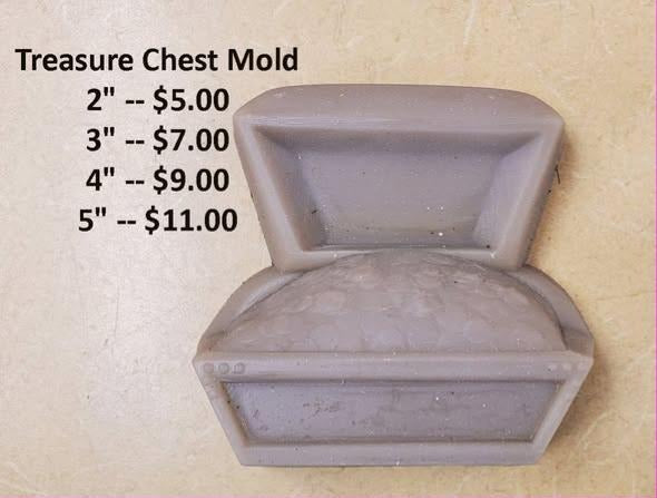 Treasure chest cast with a domed lid standing open, banded straps and a front lock plate.