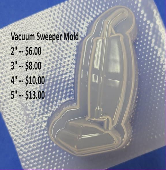 Clear plastic mold of an upright vacuum sweeper with a handle, tall body and wide floor head.
