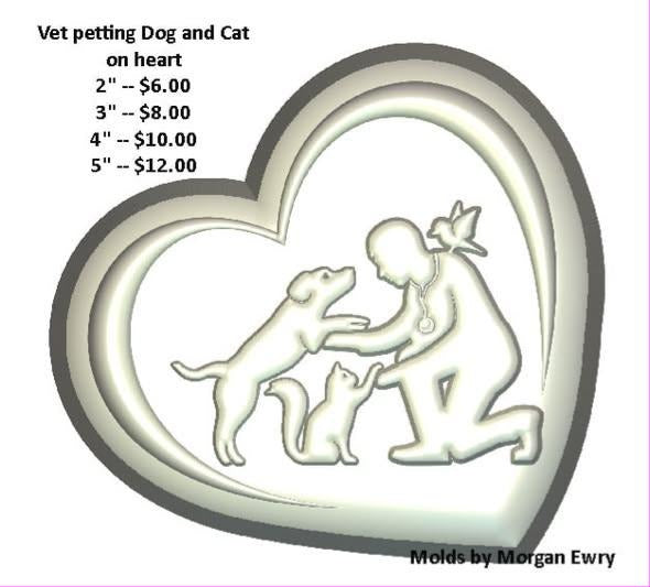 Open heart frame mold with a kneeling vet greeting a dog while a cat sits at her knee.