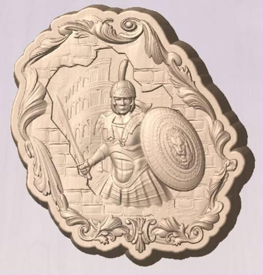 Ornate plaque mold with an armoured warrior holding a lion-face round shield and a short sword.