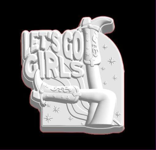 Mold with LET'S GO GIRLS in block capitals over two stitched cowgirl boots and a sparkled arch.