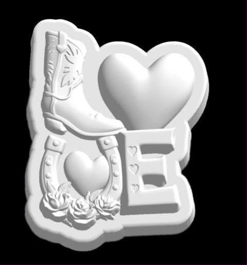 Western LOVE mold with cowboy boot L, heart O, rose-trimmed horseshoe V and block E