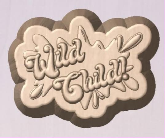 Cloud-edged plaque mold reading Wild Child in a bouncy brush script with swash flourishes.