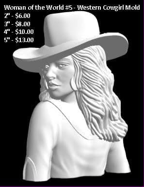 White bust casting of a cowgirl in a wide-brimmed hat with long waved hair and a pendant necklace