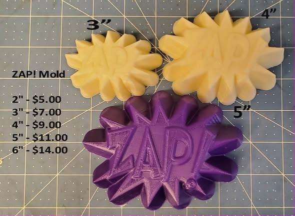 Three casts of a spiky comic burst with ZAP! in outlined capitals, in yellow and purple.