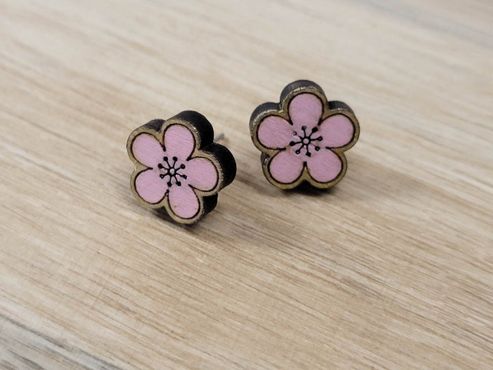 Wood Cherry Blossom Stud Earrings
