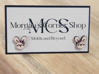 Wood Girl Bunny Wearing Bow Stud Earrings