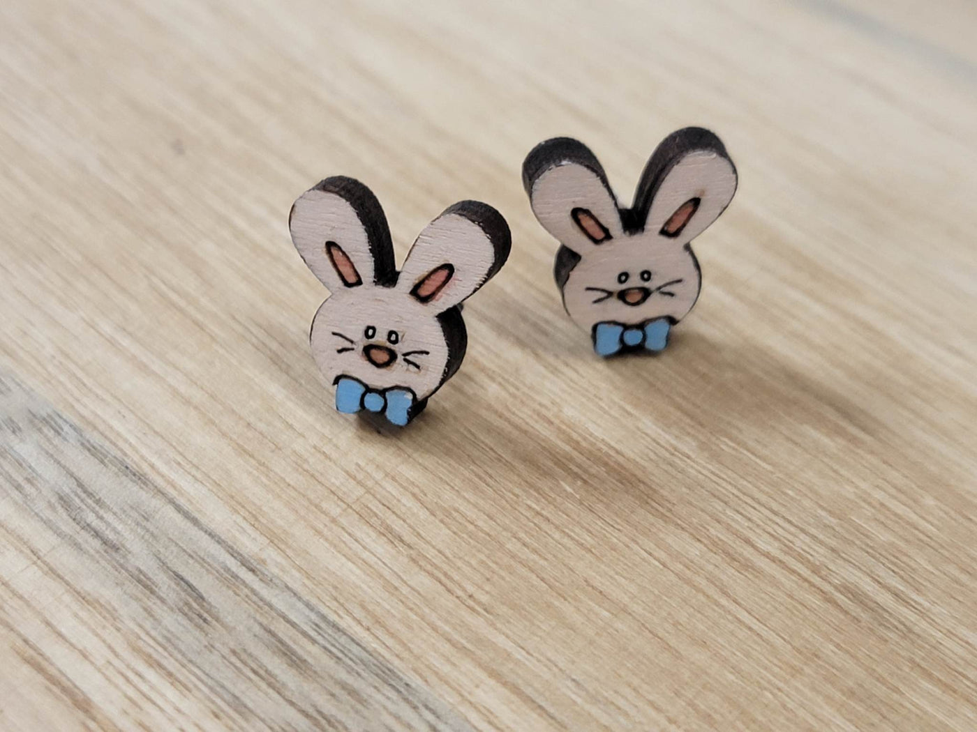 Wood Boy Bunny Wearing Bow Stud Earrings