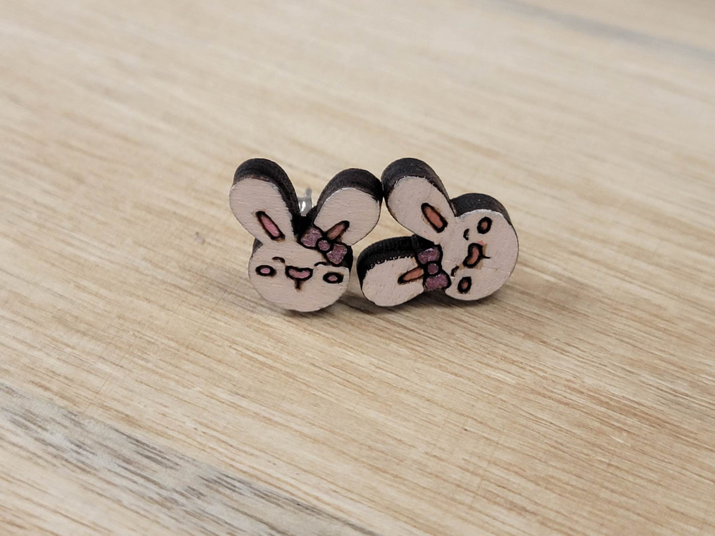 Wood Girl Bunny Wearing Bow Stud Earrings