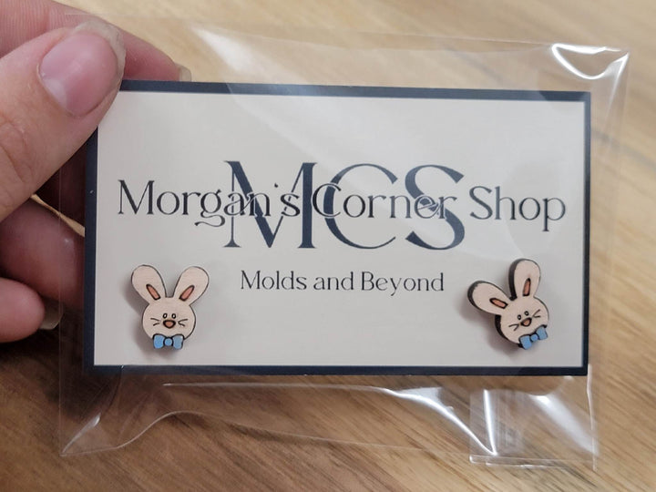 Wood Boy Bunny Wearing Bow Stud Earrings