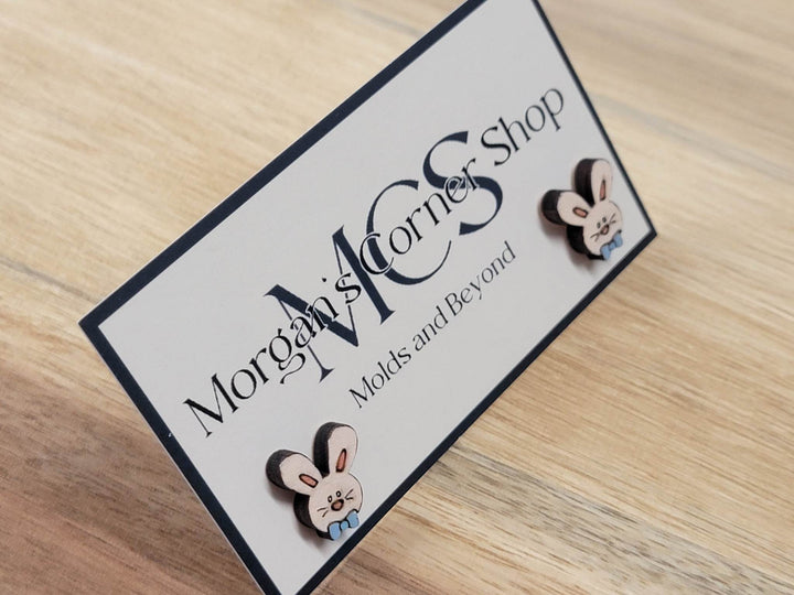 Wood Boy Bunny Wearing Bow Stud Earrings