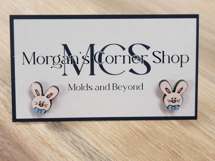 Wood Boy Bunny Wearing Bow Stud Earrings