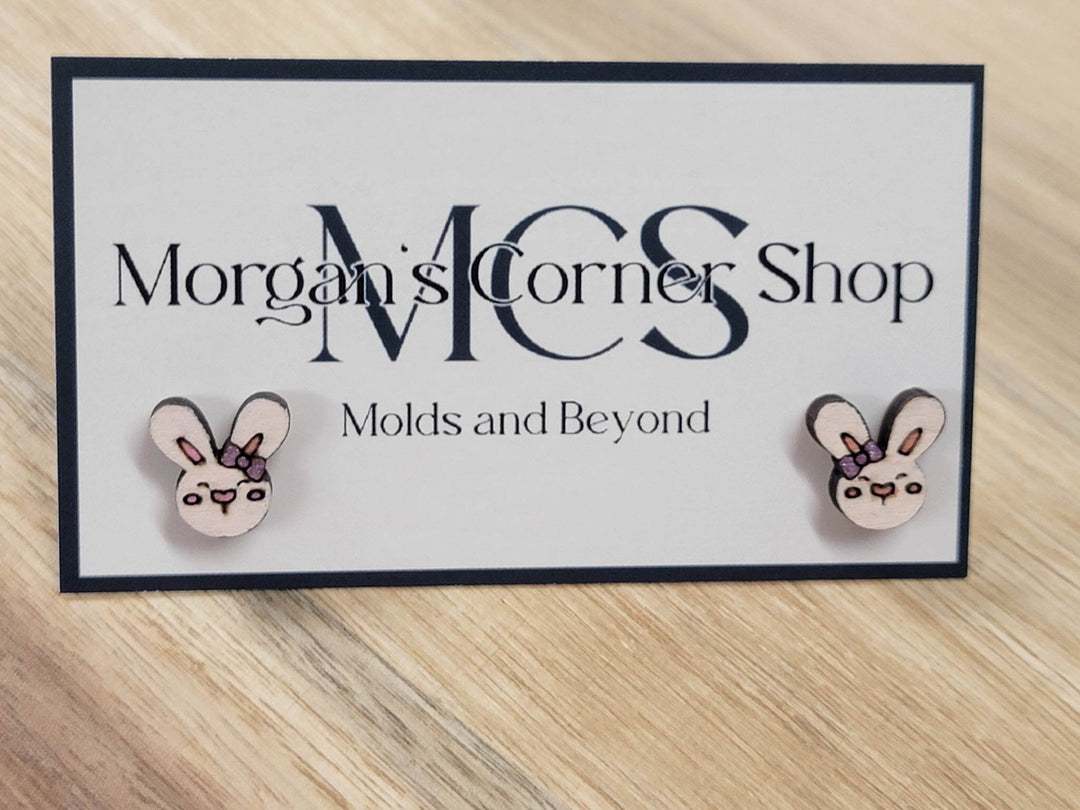 Wood Girl Bunny Wearing Bow Stud Earrings - Adorable and Eco-Friendly Jewelry