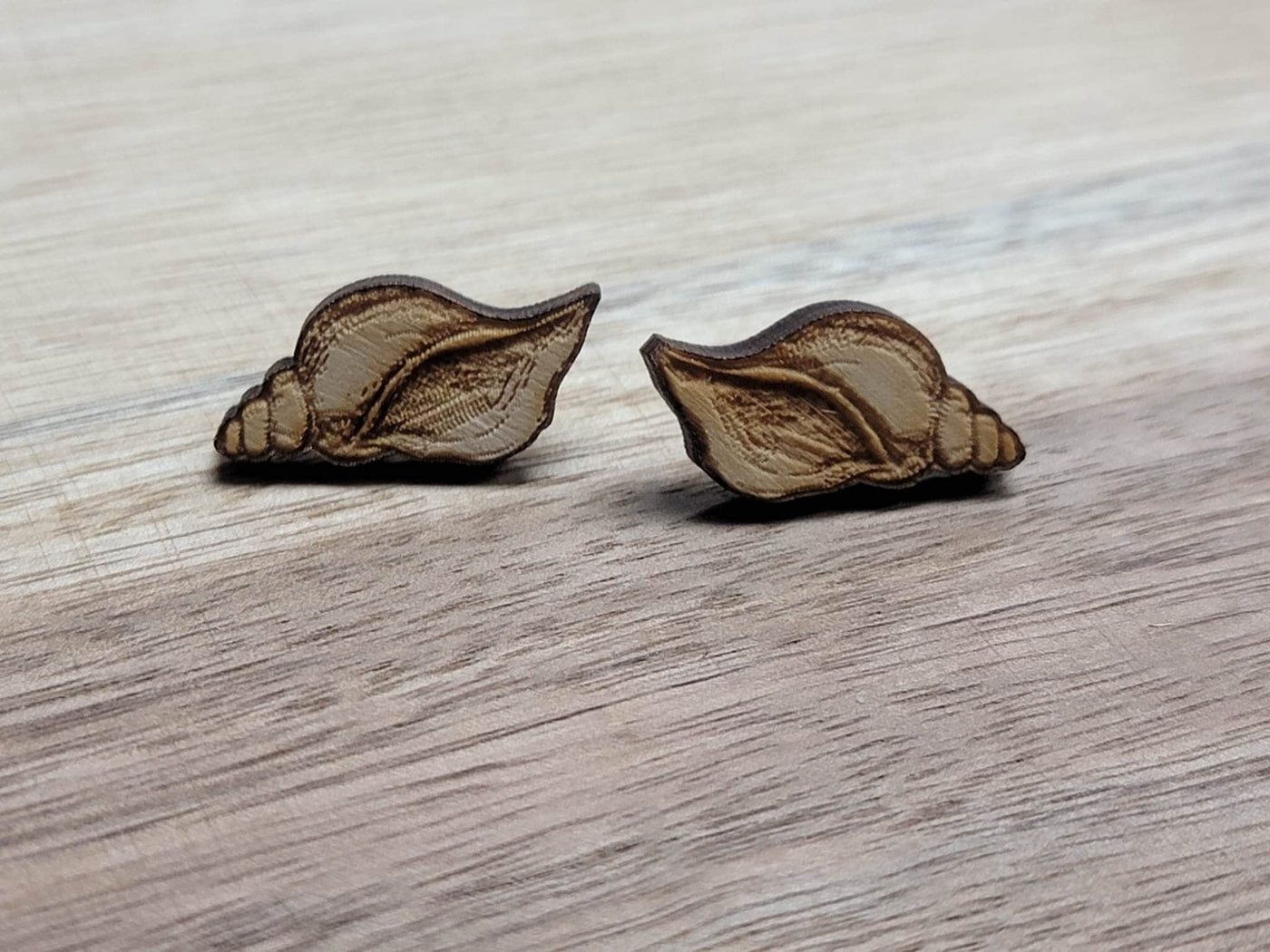 Natural Wood Sea Shell Stud Earrings | Laser Cut Handcrafted Jewelry