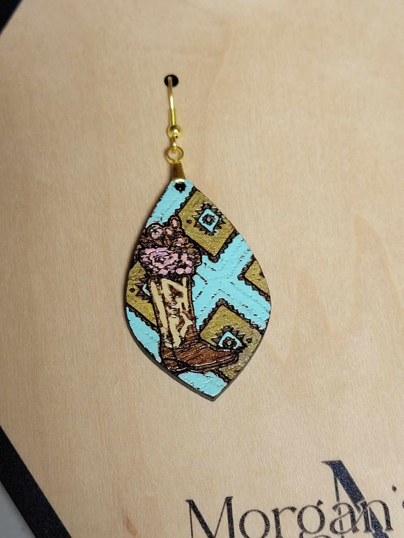 Hand-Painted Wooden Cowboy Boot Earrings with Floral Accents, Geometric Pattern, Western Style, Trendy Earrings, Festival Wear, Rustic Charm