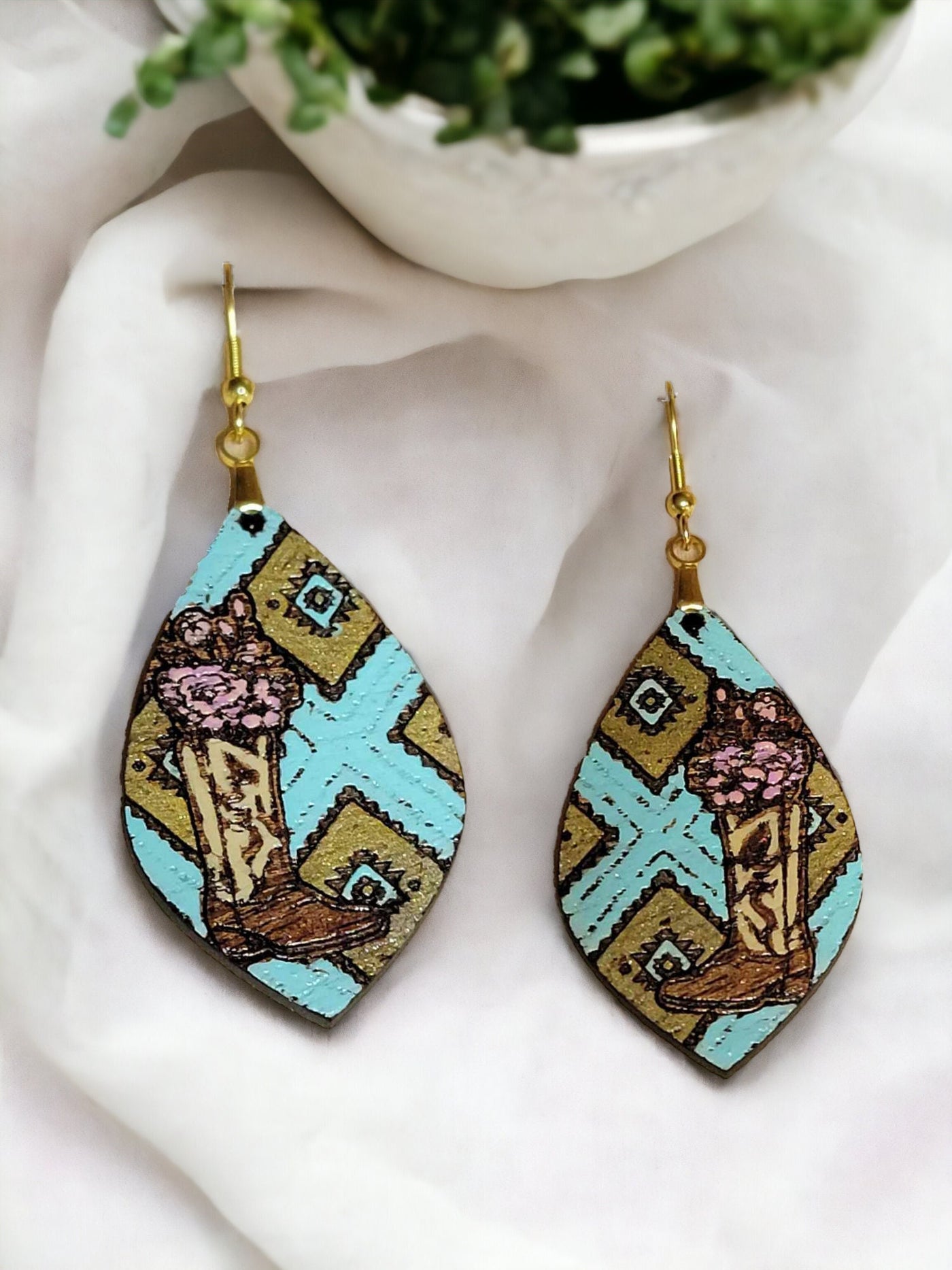 Hand-Painted Wooden Cowboy Boot Earrings with Floral Accents, Geometric Pattern, Western Style, Trendy Earrings, Festival Wear, Rustic Charm