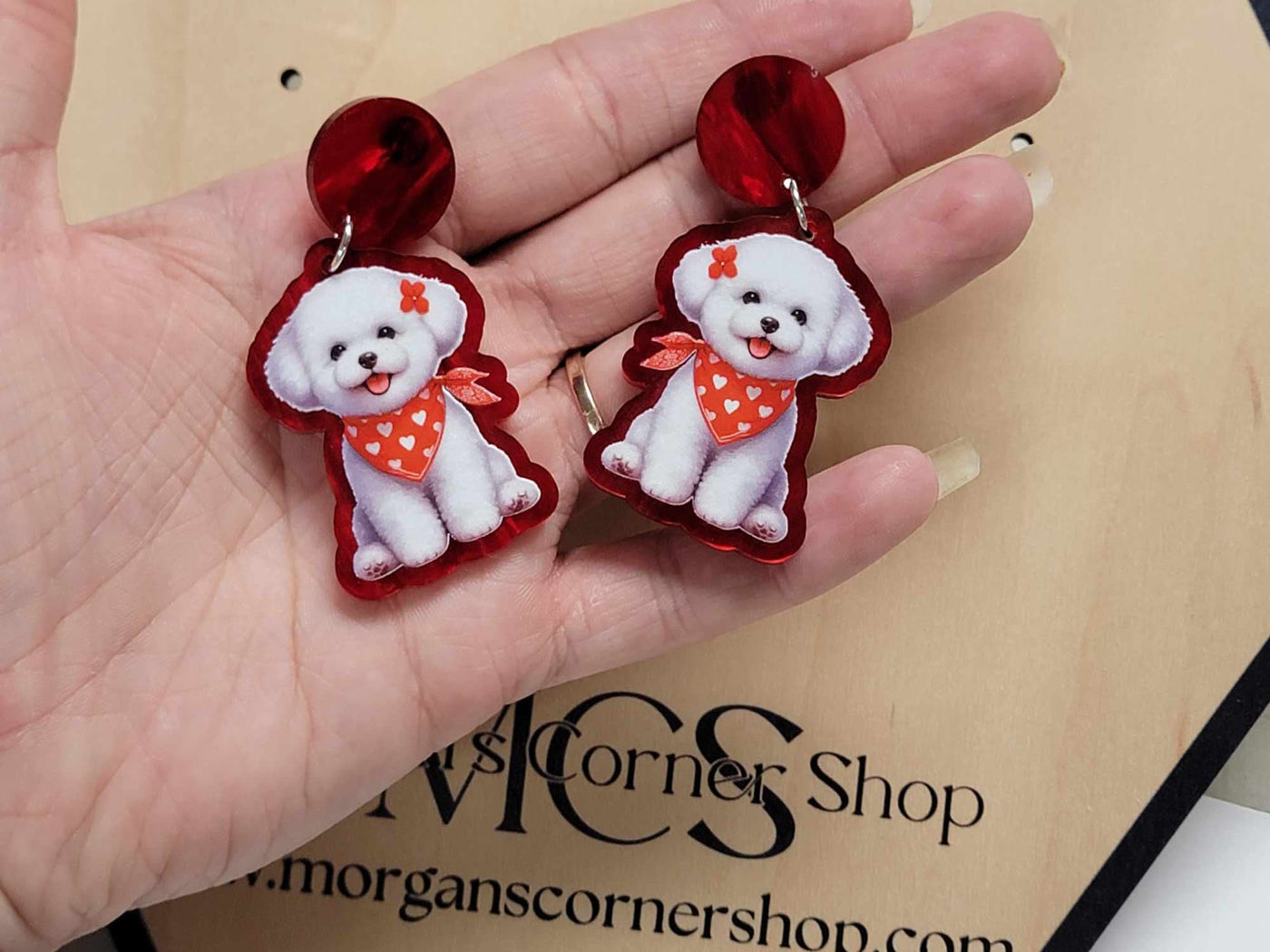 Adorable Bichon Frise Acrylic Earrings with Red Bandana - Cute Puppy Love Jewelry, Bichon Earrings, Puppy Jewelry, Dog Mom Jewelry,dog lover