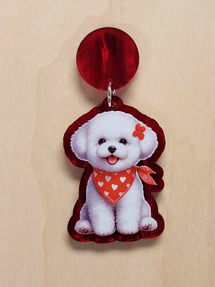 Adorable Bichon Frise Acrylic Earrings with Red Bandana - Cute Puppy Love Jewelry, Bichon Earrings, Puppy Jewelry, Dog Mom Jewelry,dog lover