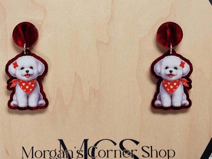 Adorable Bichon Frise Acrylic Earrings with Red Bandana - Cute Puppy Love Jewelry, Bichon Earrings, Puppy Jewelry, Dog Mom Jewelry,dog lover