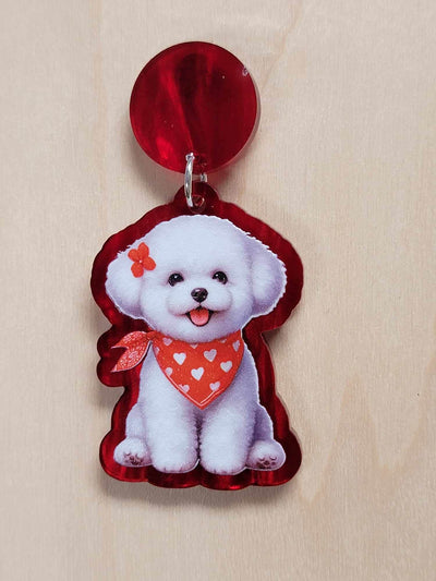 Adorable Bichon Frise Acrylic Earrings with Red Bandana - Cute Puppy Love Jewelry, Bichon Earrings, Puppy Jewelry, Dog Mom Jewelry,dog lover