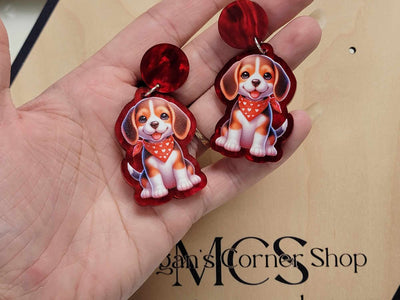 Charming Beagle Pup Acrylic Earrings with Red Bandana - Heartwarming Canine Fashion, Beagle Earrings, Puppy Jewelry, Dog Lover Gift