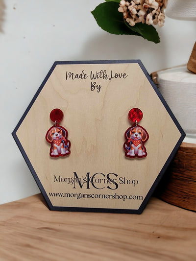 Charming Beagle Pup Acrylic Earrings with Red Bandana - Heartwarming Canine Fashion, Beagle Earrings, Puppy Jewelry, Dog Lover Gift