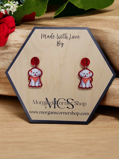 Adorable Bichon Frise Acrylic Earrings with Red Bandana - Cute Puppy Love Jewelry, Bichon Earrings, Puppy Jewelry, Dog Mom Jewelry,dog lover