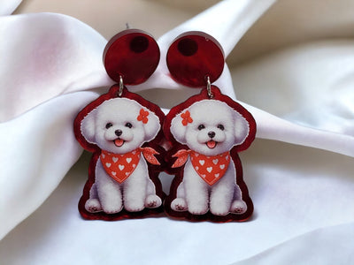 Adorable Bichon Frise Acrylic Earrings with Red Bandana - Cute Puppy Love Jewelry, Bichon Earrings, Puppy Jewelry, Dog Mom Jewelry,dog lover