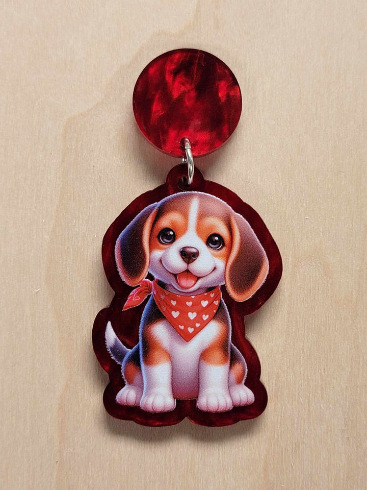 Charming Beagle Pup Acrylic Earrings with Red Bandana - Heartwarming Canine Fashion, Beagle Earrings, Puppy Jewelry, Dog Lover Gift
