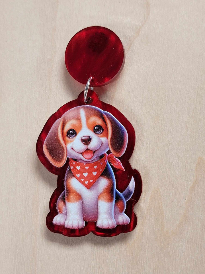 Charming Beagle Pup Acrylic Earrings with Red Bandana - Heartwarming Canine Fashion, Beagle Earrings, Puppy Jewelry, Dog Lover Gift