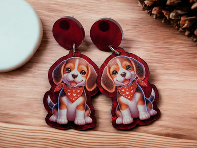 Charming Beagle Pup Acrylic Earrings with Red Bandana - Heartwarming Canine Fashion, Beagle Earrings, Puppy Jewelry, Dog Lover Gift